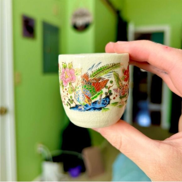 Oriental Vintage Rustic Retro Floral Bird Mini Cup Mug Collectible Set of 3 - Picture 4 of 11
